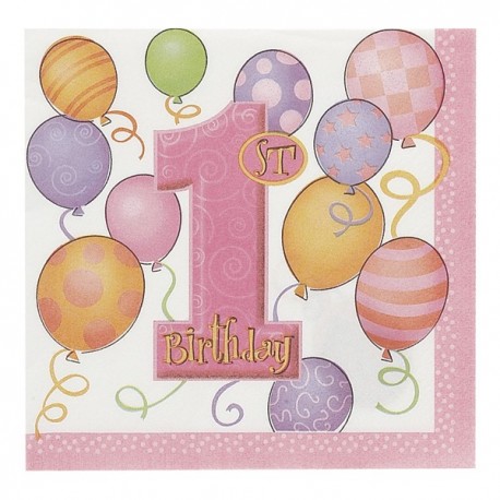 "1st Birthday" roze papieren servetten x16