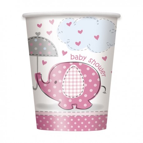 Gobelets en carton éléphant rose pour Baby Shower x8