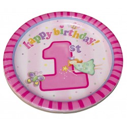 "1st Birthday" roze kartonnen bordjes x8 (22 cm)