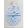Embroidered prince hat, bib & bootees set blue